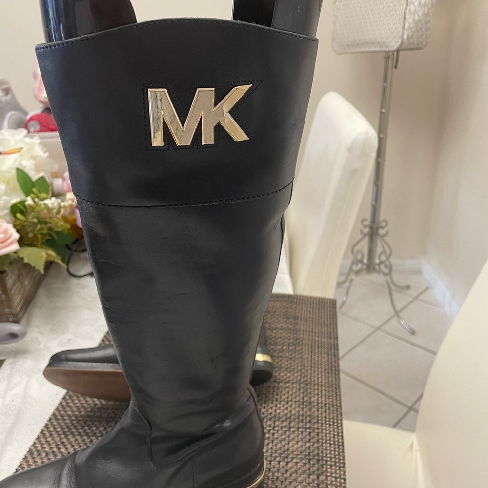 Black Leather Knee-High Women's Boots with Gold Accents